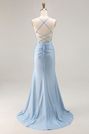 Light Blue Ruched Mermaid Lace Up Back Long Prom Dress With Slit
